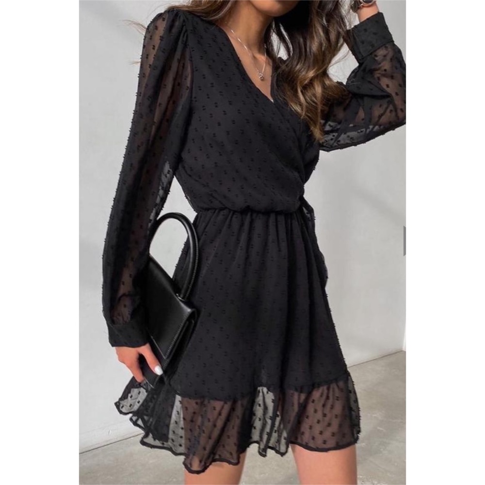 Black SwissDot Side Tie Ruffle Mini Jumpsuit Dress - Picture 6 of 13